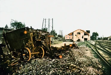 The damaged train station of Dombasle-en-Argonne west of Verdun, September 1916